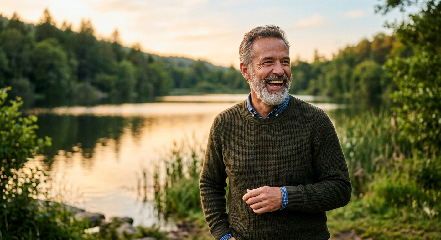 A man in his late fifties with a confident cosmetic dentistry smile laughing by a North Georgia lake at golden hour