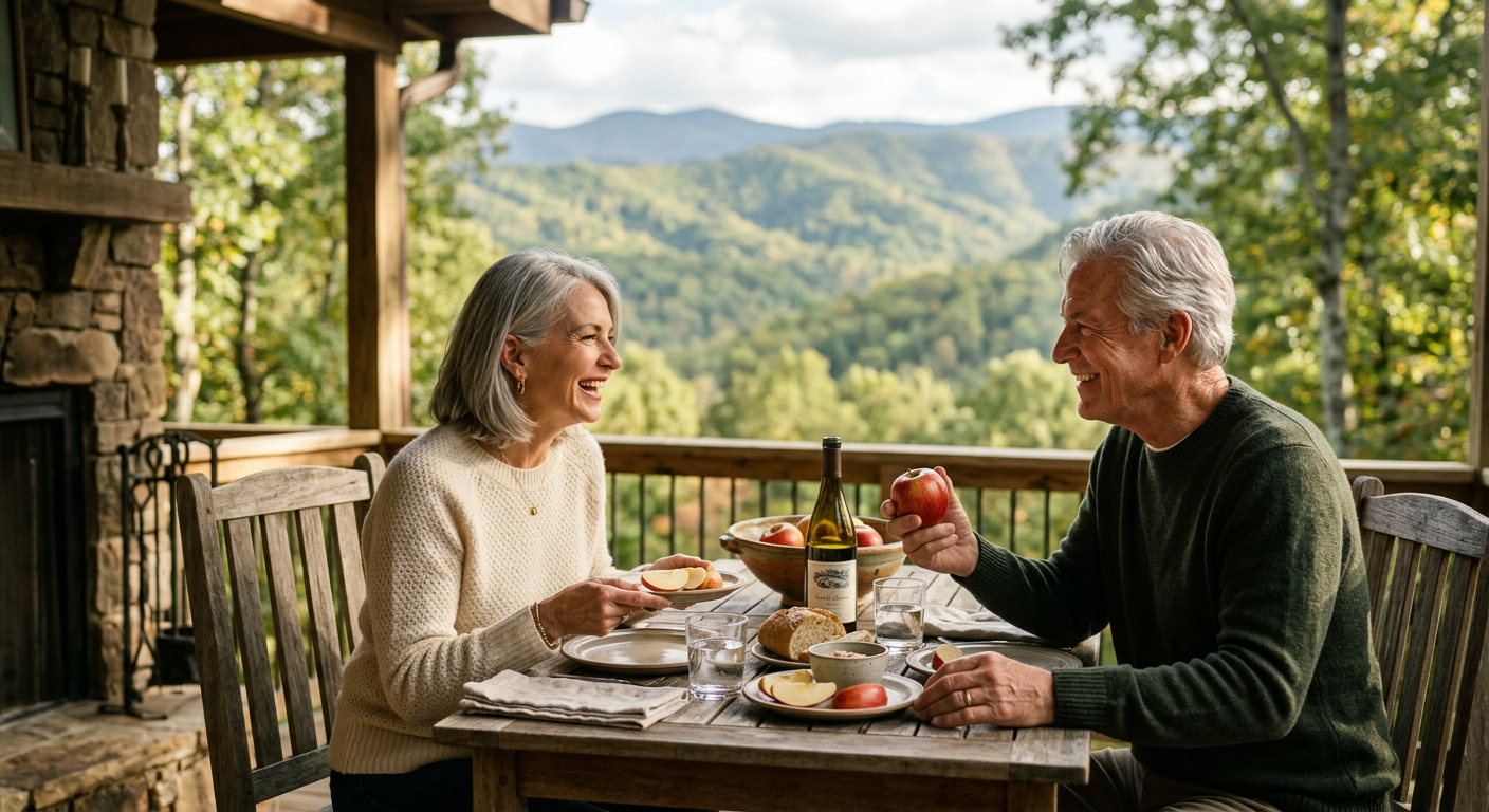 A smiling couple in their sixties with dental implants sharing a meal on a North Georgia mountain-view porch