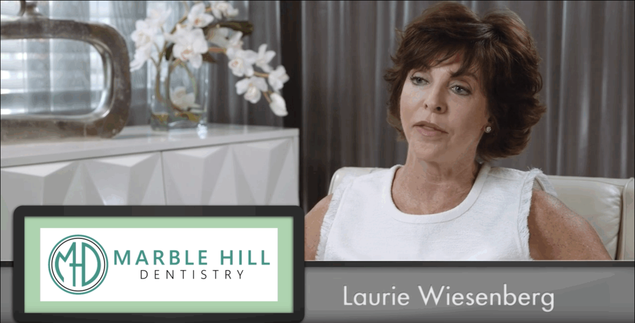Laurie, a Marble Hill Dentistry patient, sharing her video testimonial on her clear aligner journey