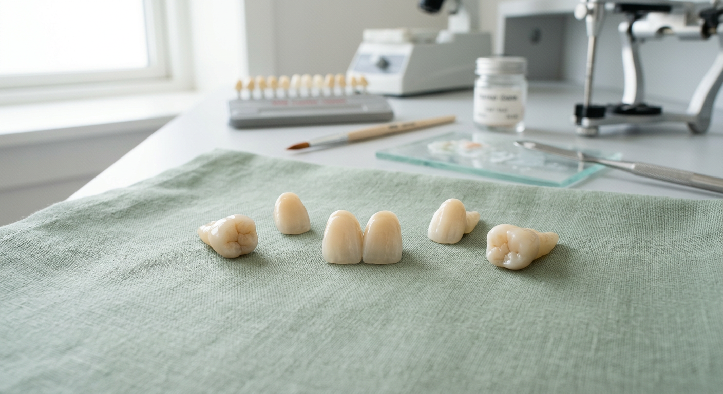 Handcrafted all-porcelain dental crowns in natural tooth shades, used to replace old crowns and silver fillings