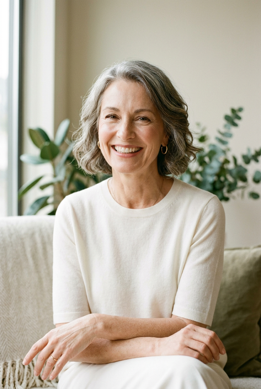 A woman in her fifties with natural glowing skin and a youthful smile after anti-aging dental and facial esthetic care